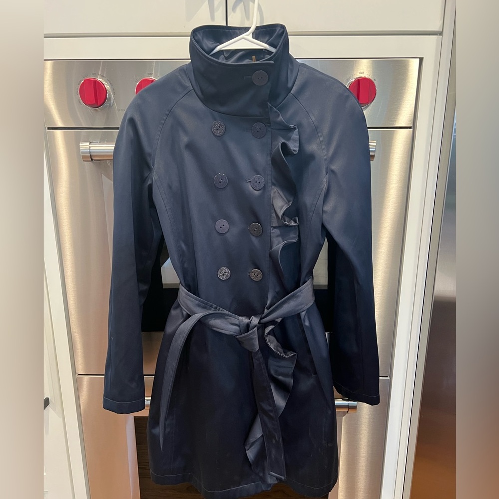 Tahari Navy Double-Breasted Trench Coat - Size Medium